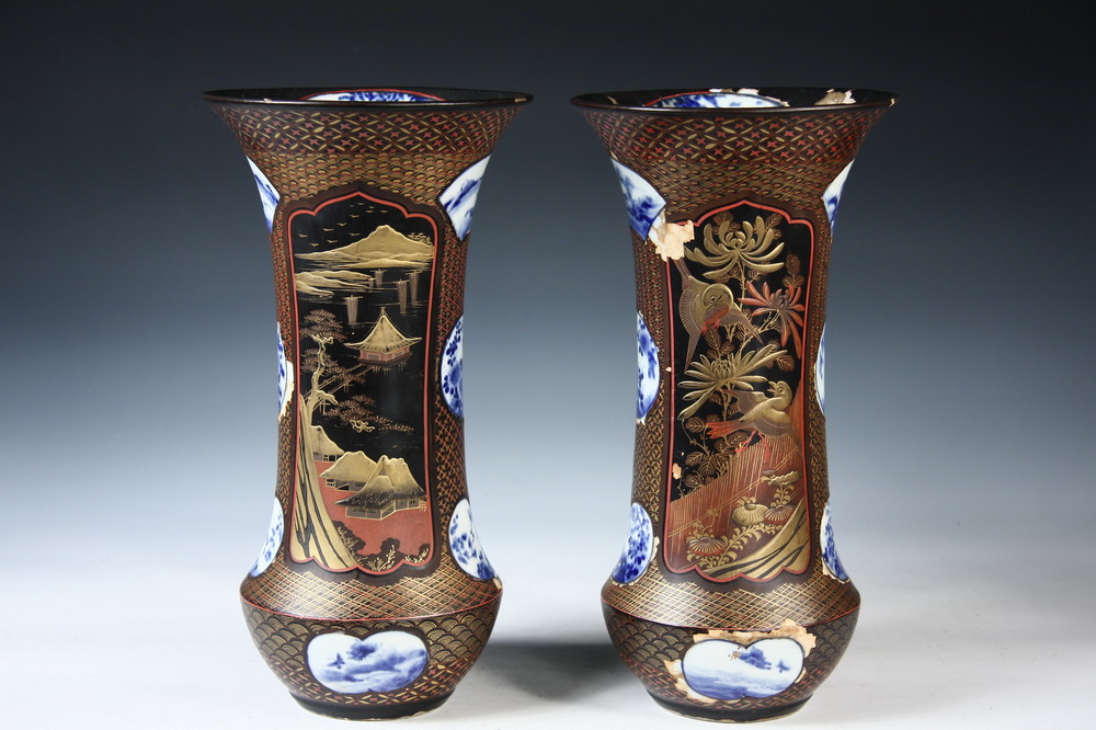 PAIR LACQUERED PORCELAIN VASES -