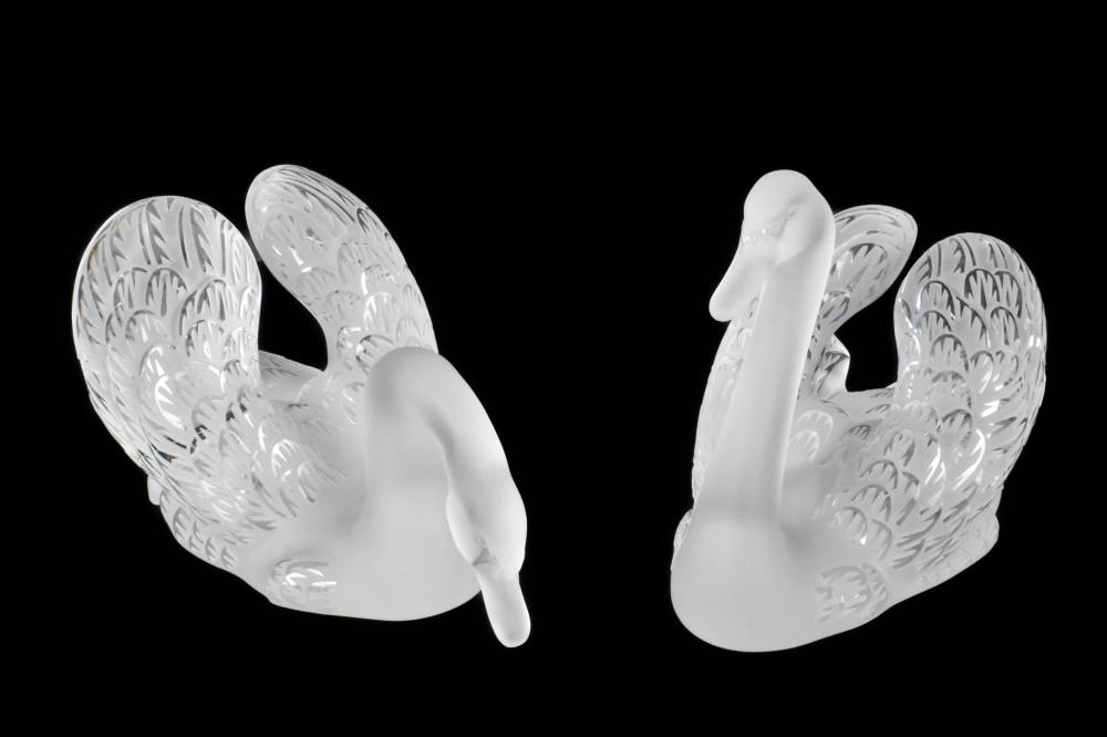 PAIR LALIQUE SWANS, ONE WITH HEAD