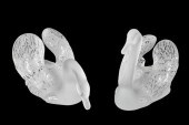 PAIR LALIQUE SWANS, ONE WITH H