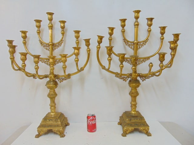 PAIR LARGE BRASS CANDELABRA, 3 ARMS