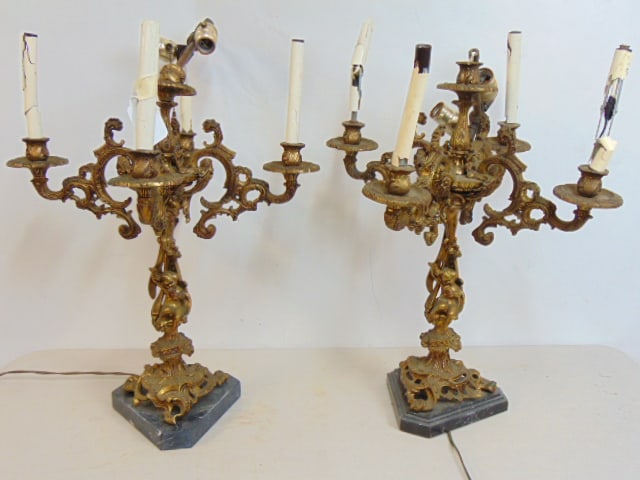 PAIR LARGE BRONZE CANDELABRA LAMPS,