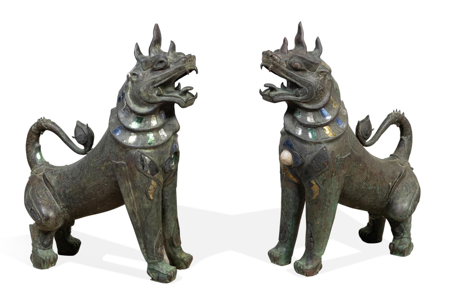 PAIR, LARGE BRONZE GUARDIAN LIONS