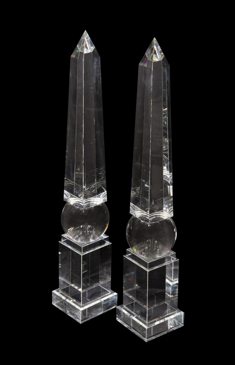 PAIR LARGE COLORLESS GLASS OBELISKS