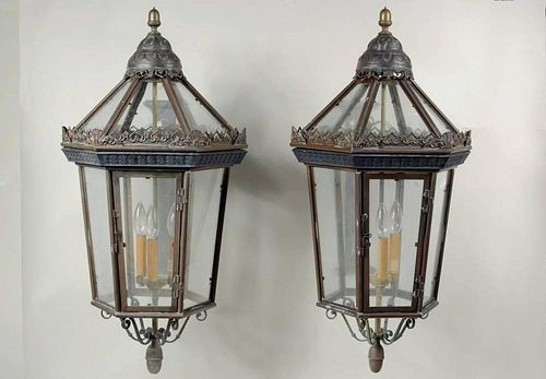 PAIR LARGE COPPER/BRASS LANTERN