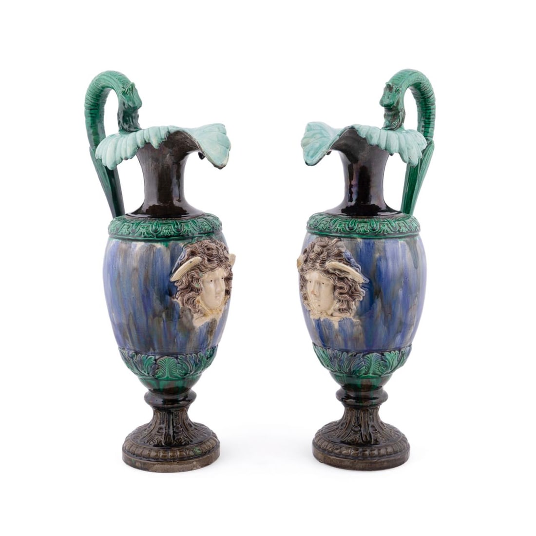 PAIR, LARGE FRENCH FAIENCE FACIAL