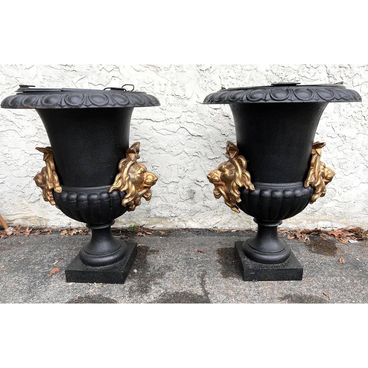 Pair Large Heavy Iron Urn