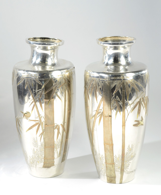 PAIR LARGE JAPANESE SILVER VASES
