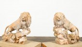 PAIR, LARGE PINK MARBLE LION G