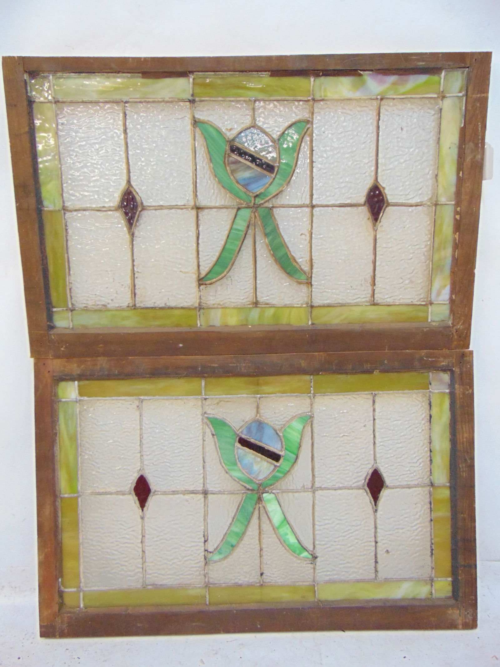 PAIR LEADED GLASS WINDOWS, GLASS IN