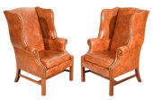 PAIR LEATHER WINGBACK CHAIRS W