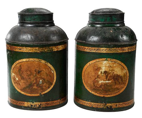 PAIR LIDDED GREEN TOLE PEINTE TEA