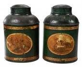 PAIR LIDDED GREEN TOLE PEINTE