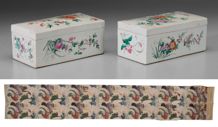 Pair Lidded Porcelain Boxes, Silk