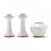 PAIR LOW CANDLESTICKS AND SHOU