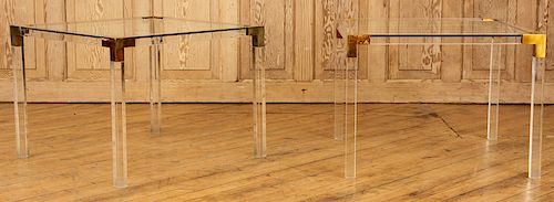 PAIR LUCITE BRASS GLASS TOP END