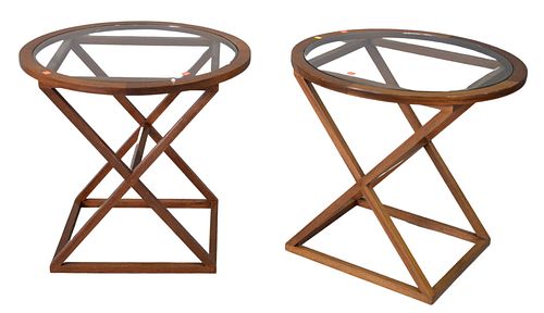 PAIR MAHOGANY GLASS TOP ROUND END