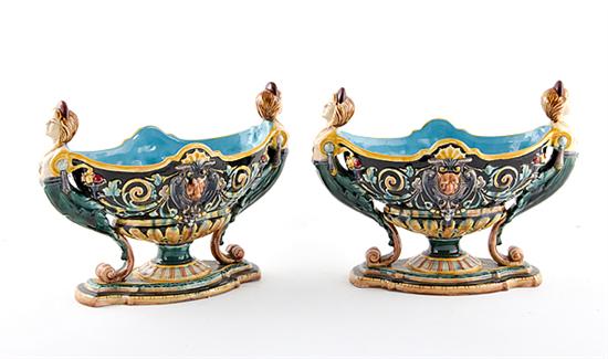 Pair majolica figural centerbowls