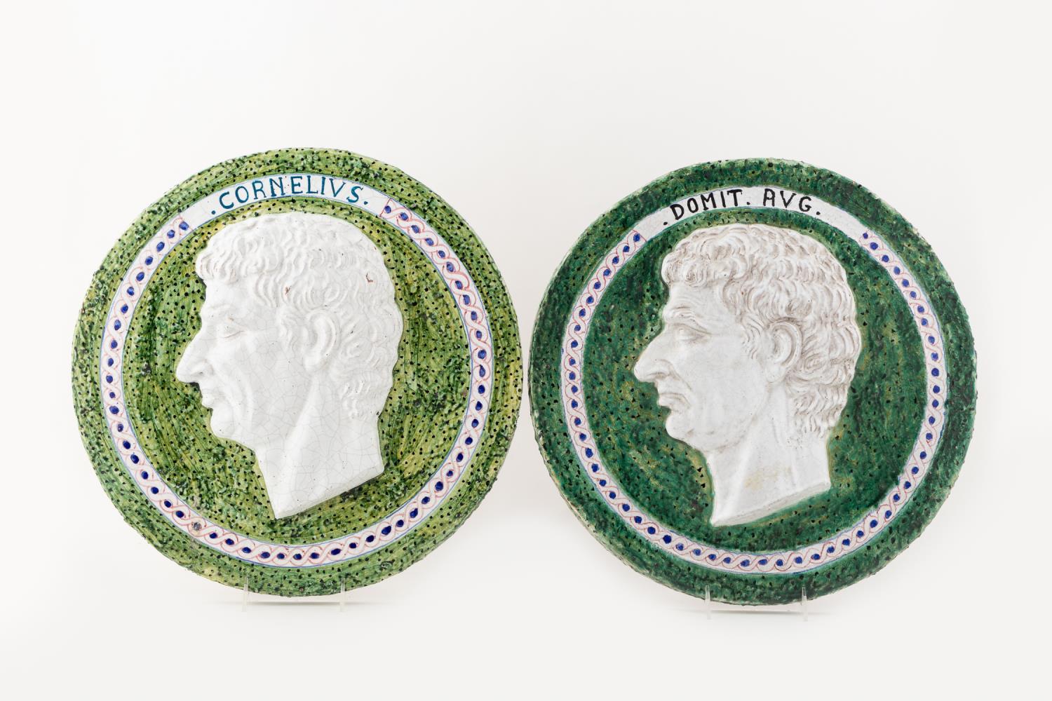 PAIR, MAJOLICA STYLE ROMAN PORTRAIT