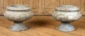 PAIR MARBLE GARDEN URNS FLUTED