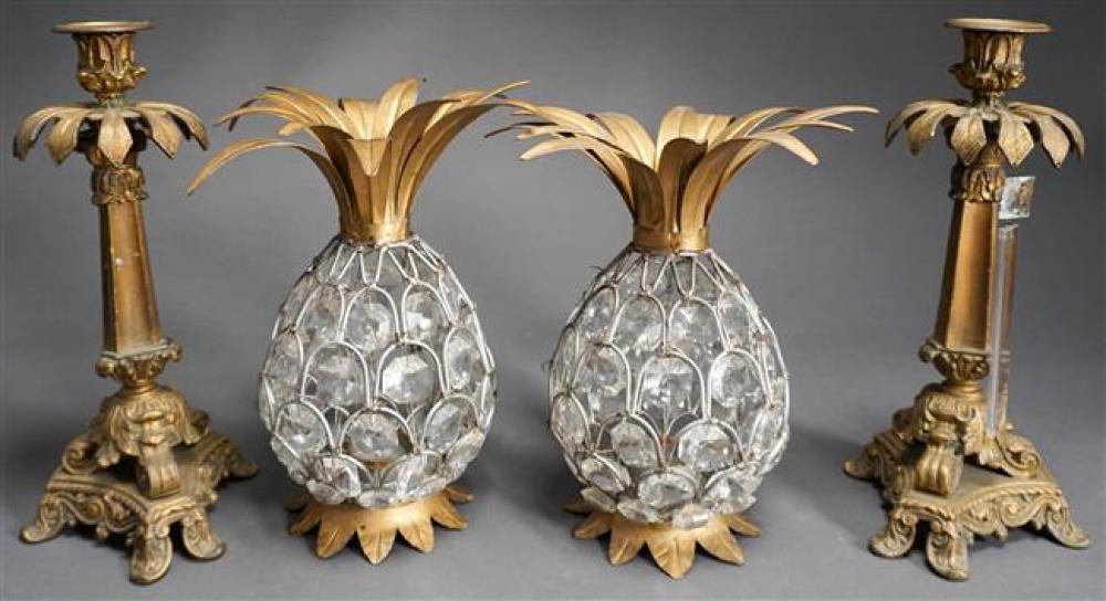 PAIR METAL CANDLESTICKS AND TWO