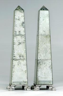 Pair mirror veneered obelisks: each