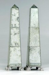 Pair mirror veneered obelisks: