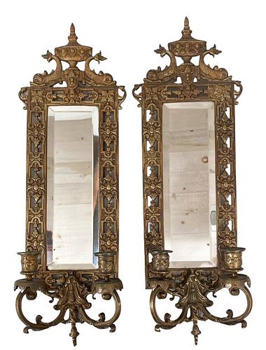 PAIR MIRRORED BRASS TWO LIGHT