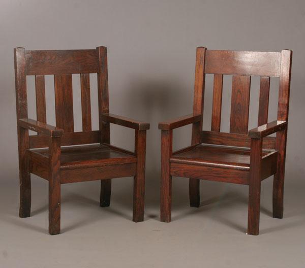 Pair Mission oak arm chairs. 45"H x