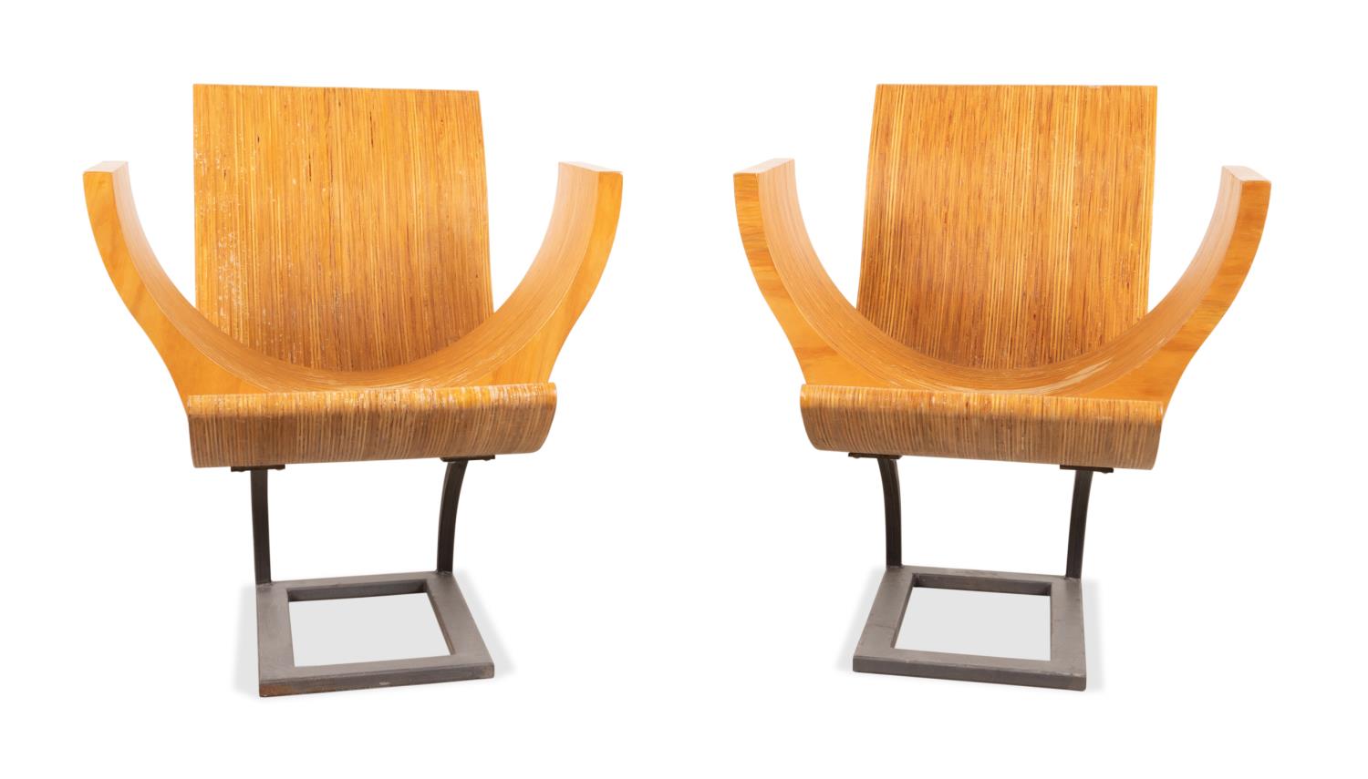 PAIR MODERN WOOD & METAL ARMCHAIRS,