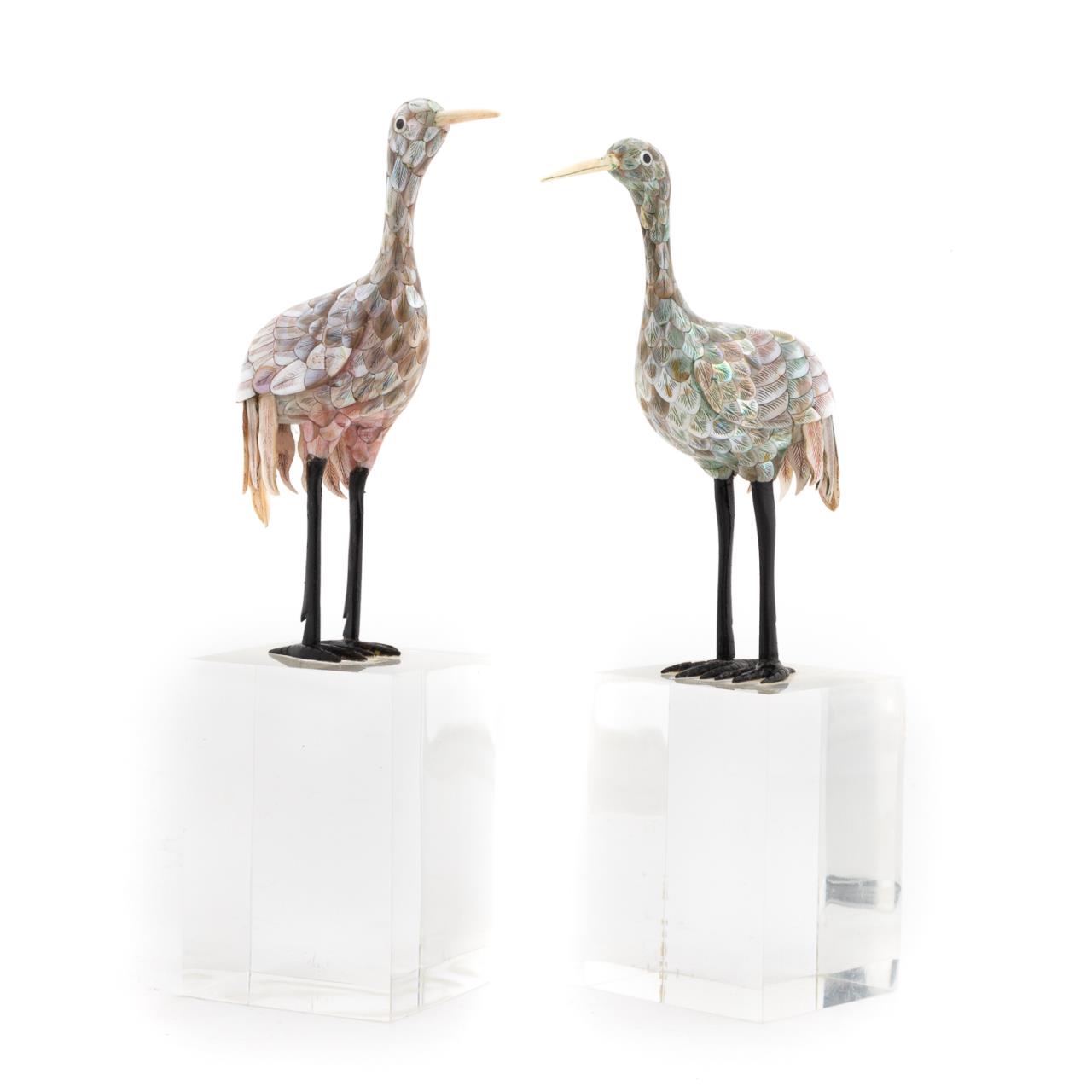PAIR, MOTHER OF PEARL CRANES ON