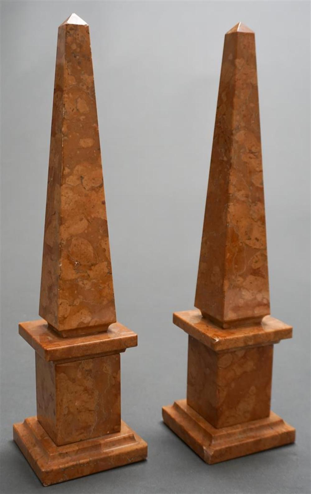 PAIR MOTTLED MARBLE OBELISKS, H: