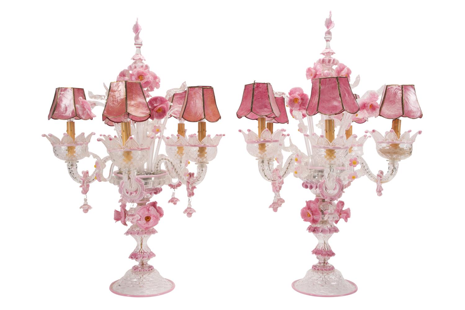 PAIR MURANO GLASS PINK FIVE LIGHT