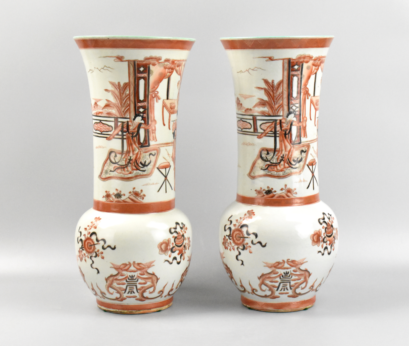 PAIR O FLARGE CHINESE GILT IRON RED