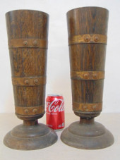 PAIR OAK ARTS & CRAFTS VASES W