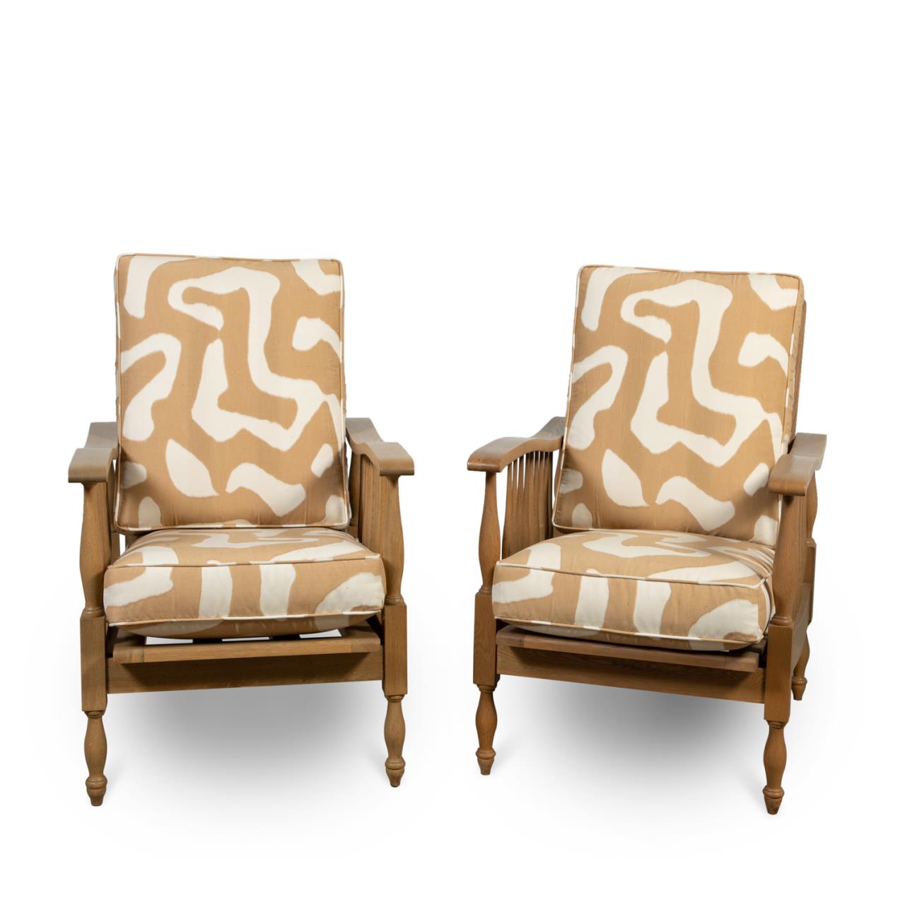 PAIR, OAK RECLINING ARMCHAIRS,