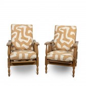 PAIR, OAK RECLINING ARMCHAIRS,