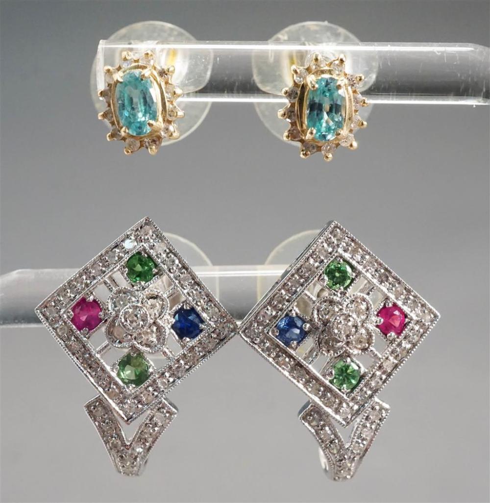 PAIR OF 10-KARAT WHITE-GOLD AND GEM