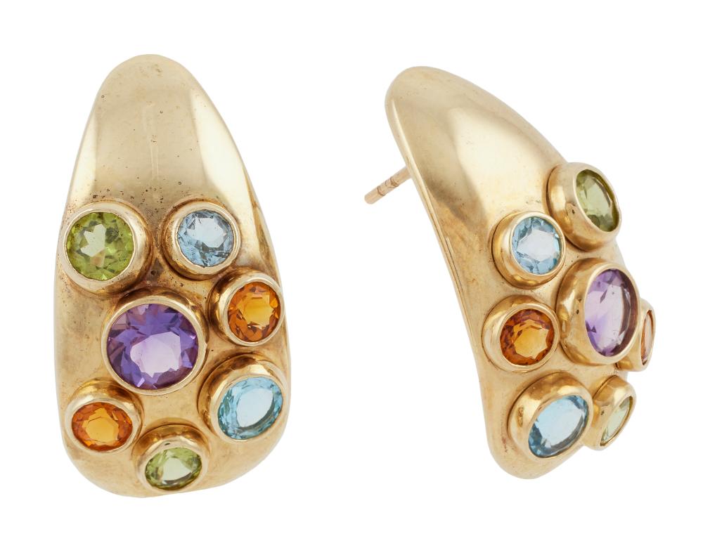 PAIR OF 14KT YELLOW GOLD MULTISTONE
