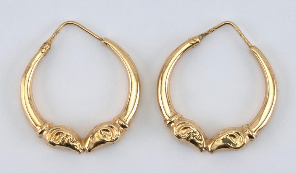 PAIR OF 18KT GOLD RAM'S-HEAD HOOP