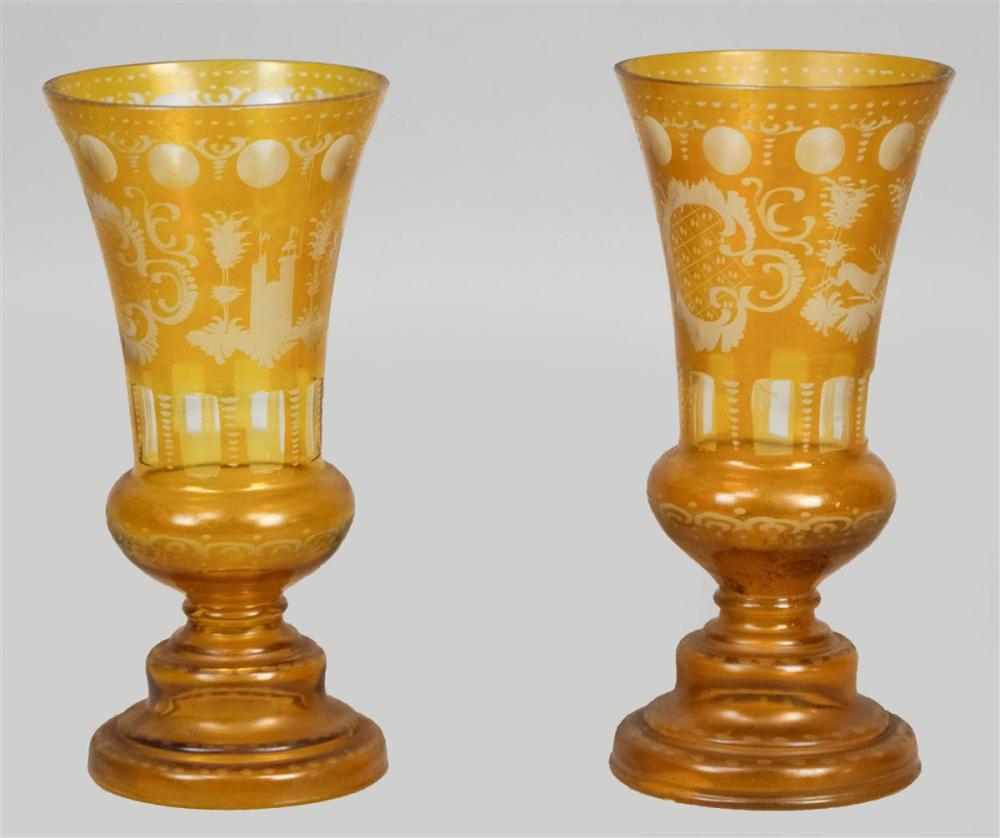 PAIR OF AMBER ETCHED BOHEMIAN GLASS