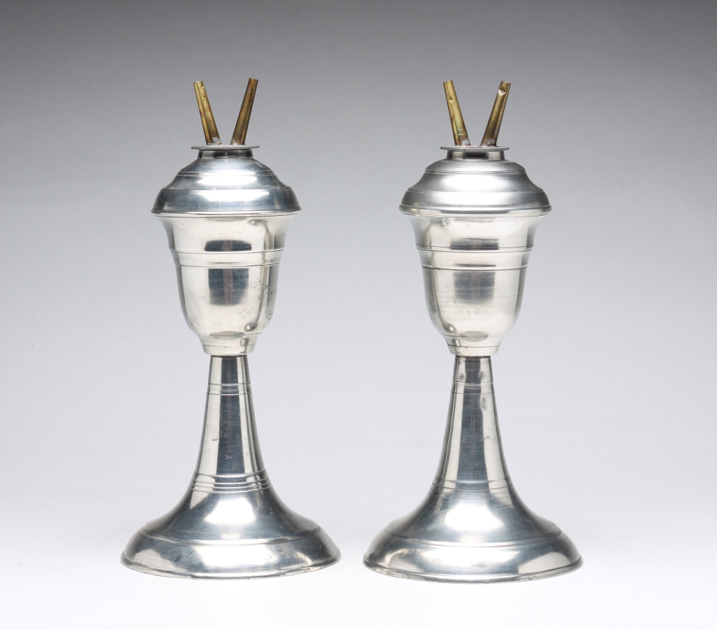 PAIR OF AMERICAN PEWTER LAMPS.