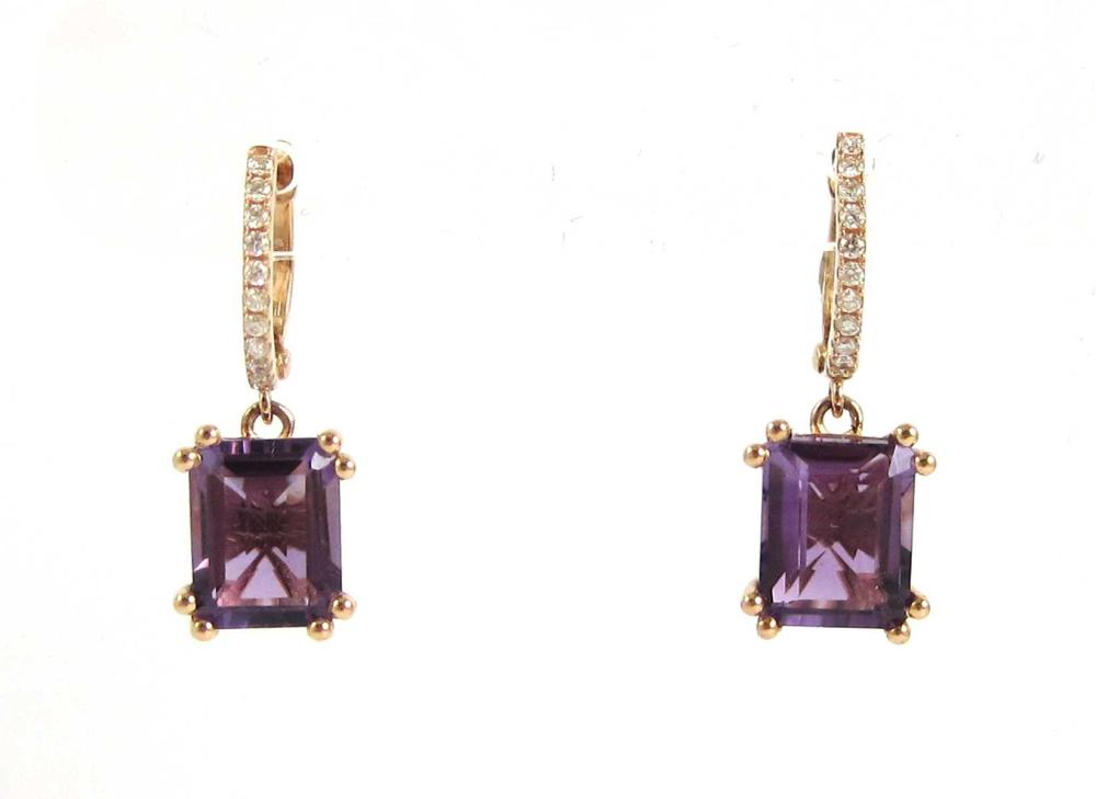 PAIR OF AMETHYST AND DIAMOND DANGLE