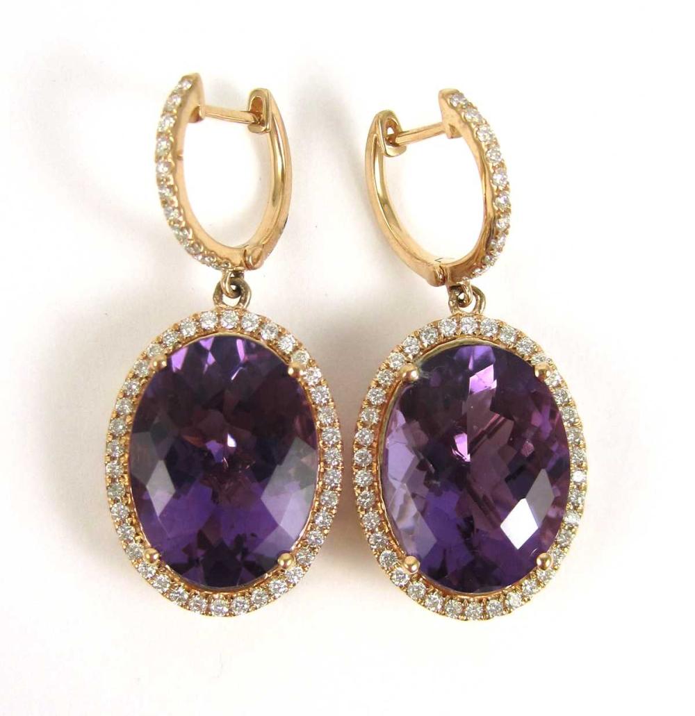 PAIR OF AMETHYST AND DIAMOND DANGLE