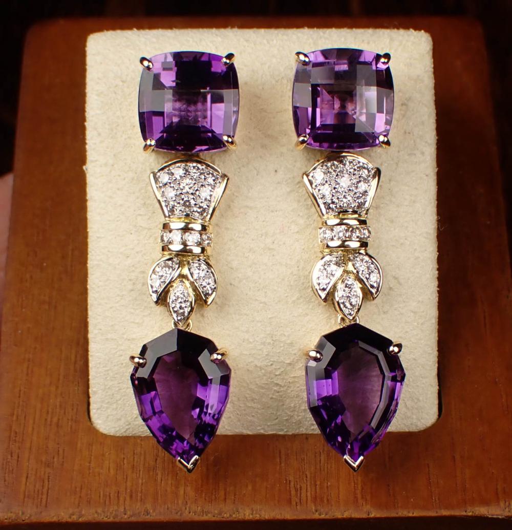 PAIR OF AMETHYST AND DIAMOND DROP