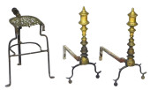 PAIR OF ANDIRONS AND TRIVET, D