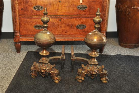 PAIR OF ANDIRONS. Cast brass