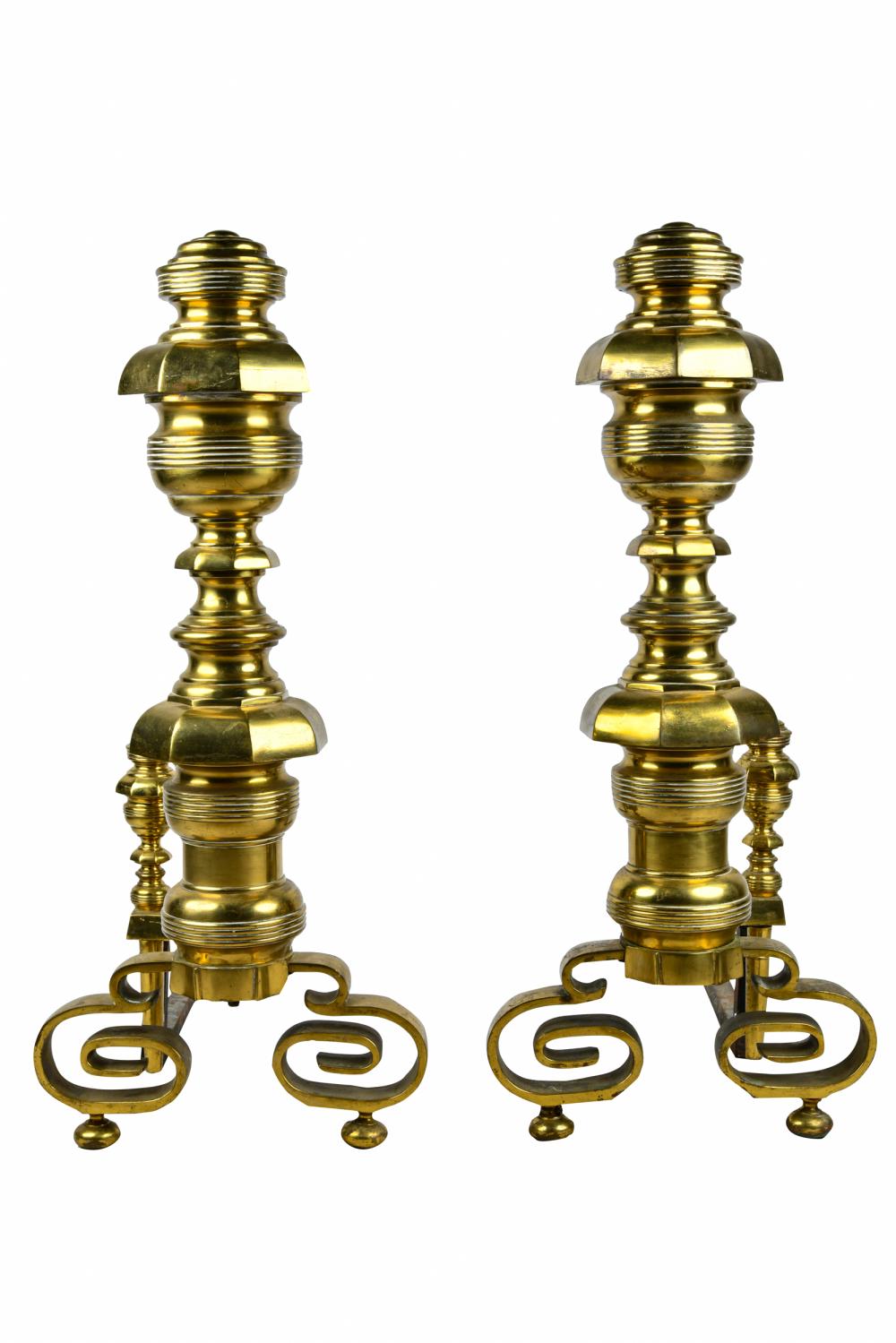 PAIR OF ANDIRONSbrass 33 1/2 inches