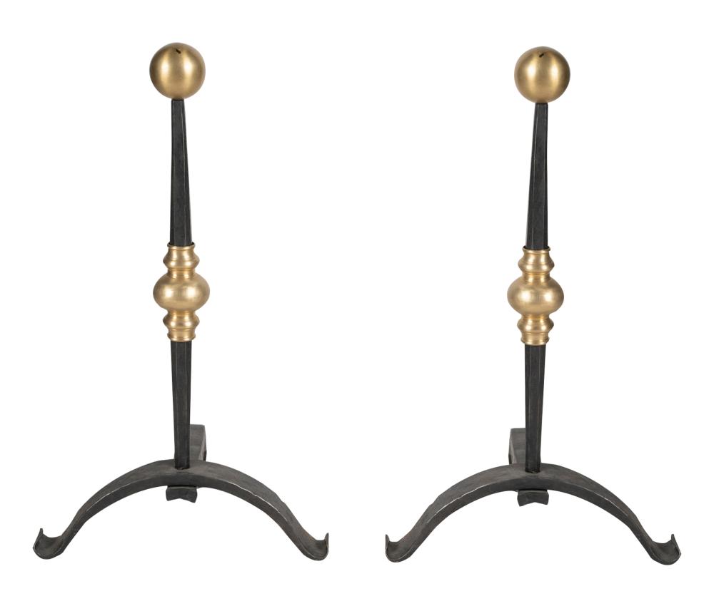 PAIR OF ANDIRONSbrass and iron;