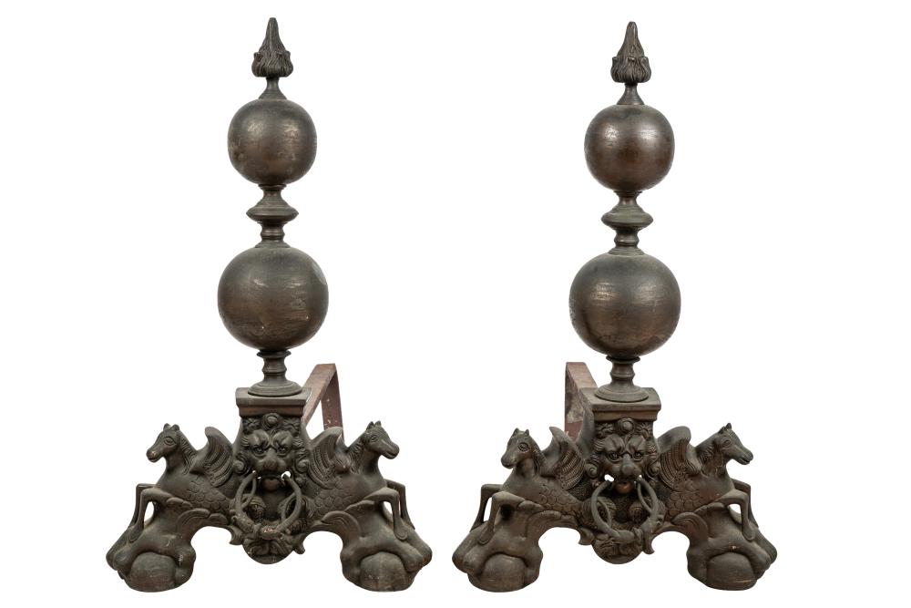 PAIR OF ANDIRONSlion and horse