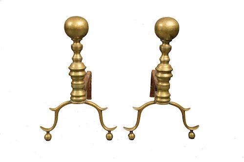 PAIR OF ANTIQUE BRASS ANDIRONS,